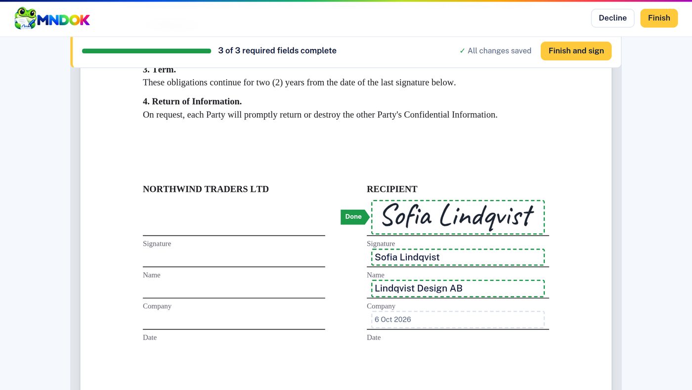 A signer completing an NDA in mndok: signature, name and company filled in, with progress saved automatically